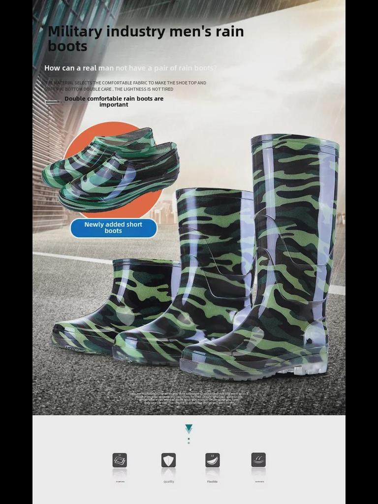 Men's Camouflage Waterproof Rain Boots with Velvet Lining - High/Mid/Short-Top Rubber Shoes for Construction, Kitchen, and Fishing