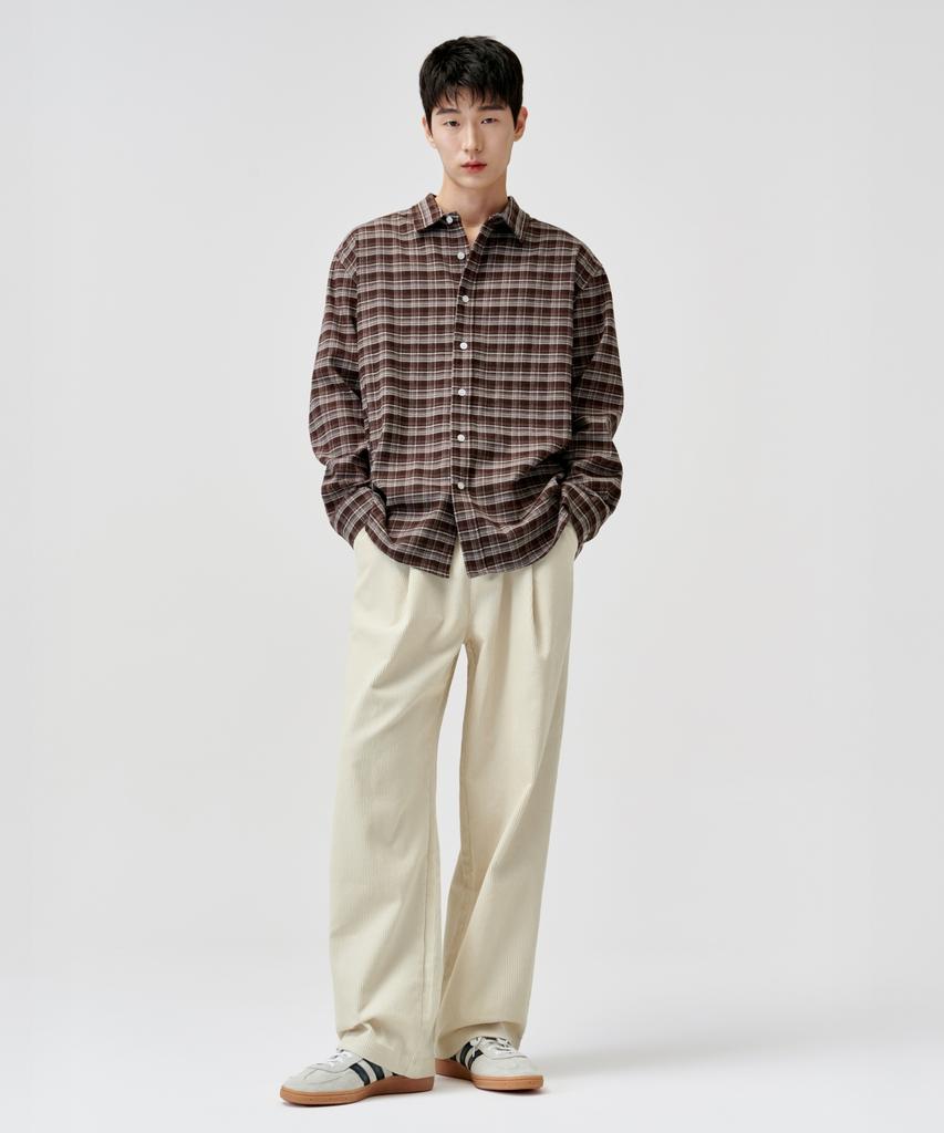 AGOD Single-Pleat Wide Corduroy Elastic Pants [Ivory]