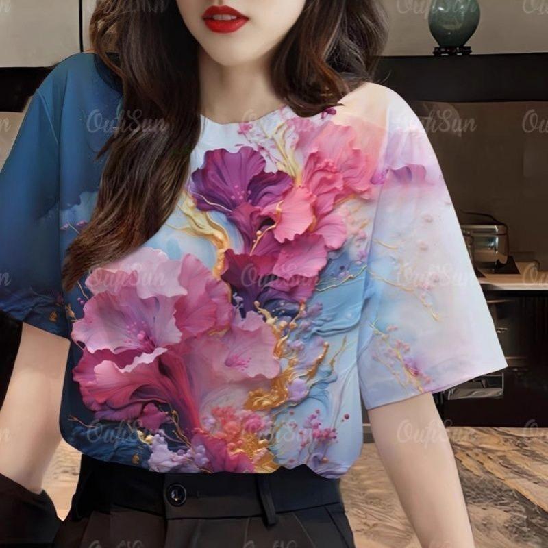 Summer Trendy Colorful Flower Pattern 3D Digital Print T-Shirt round Neck Short Sleeve Casual Women's Fashion Polyester Fiber Breathable
