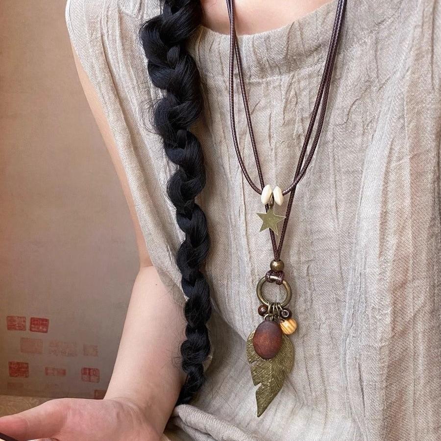Feather Necklace Female Bohemian Ethnic Style Double Stacked Long Sweater Chain Accessories
