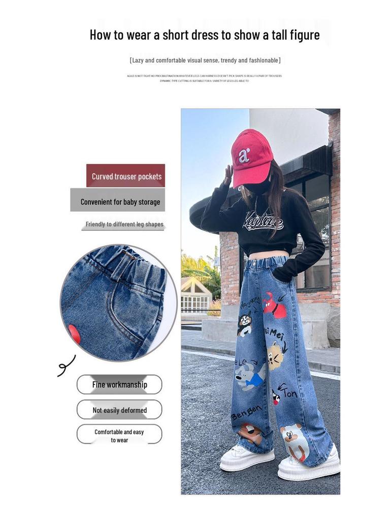 Girls' Cartoon Jeans - Spring/Autumn, Korean Style Loose Fit, Wide-Leg Trousers for Kids