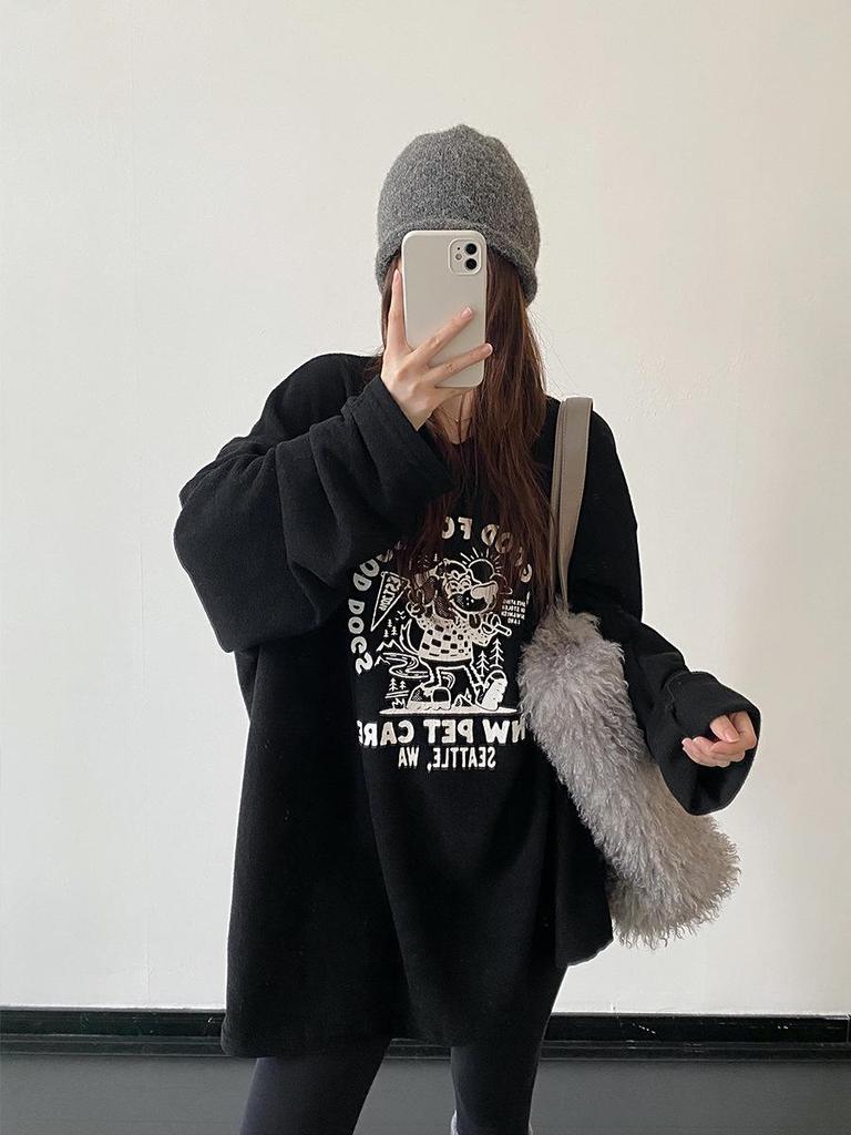 Korean Style Women's Winter Thick Velvet Printed Long Sleeve Casual T-shirt, 2026 Fashion