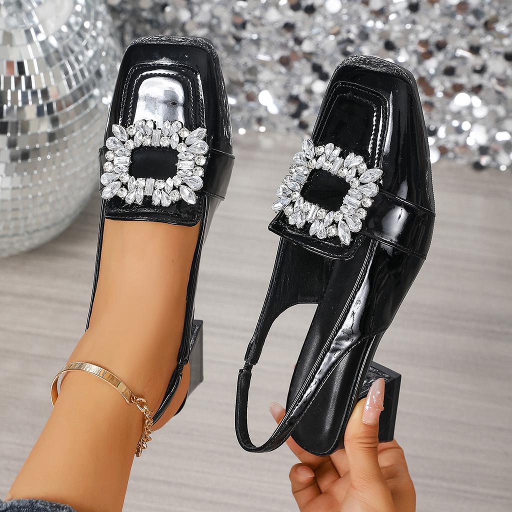 Women Sandals Water Diamond Buckle Thick Heel Sandals Women Summer 2025 New Baotou Shoes Women French Retro Square Headed Shoes