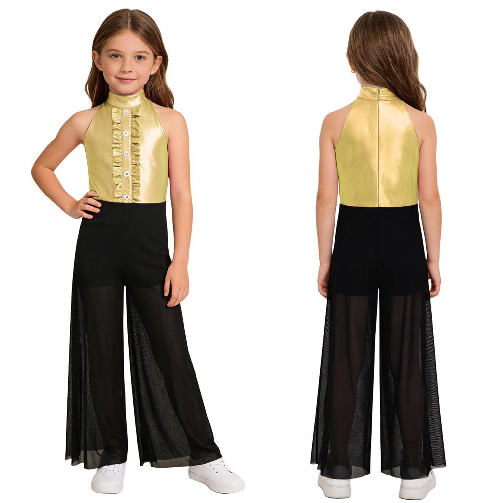 Sprankelende Metallic & Mesh Dans Jumpsuit voor Meisjes: Hoge Hals Mouwloos met Gerimpeld Bovenlijf & Wijdvallende Broek voor het Podium