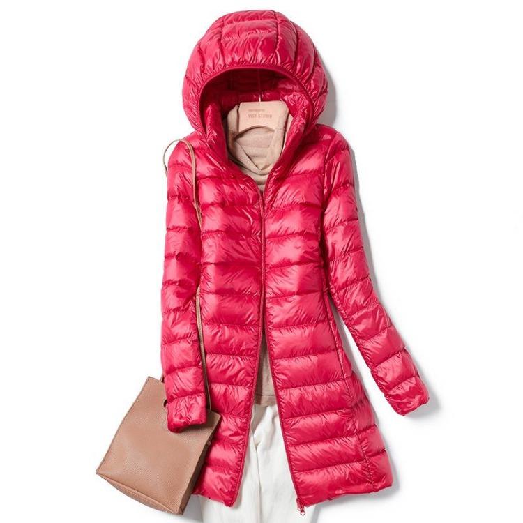 

2024 Autumn Winter Women Lightweight Down Jacket Mid Length Slimming Fit Plus Size Removable Hood M