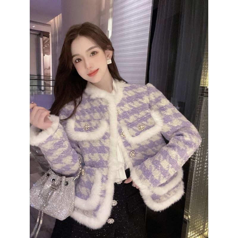 Giacca Elegante da Socialite da Donna in Lana Viola Pied-de-poule Imbottita Spessa Autunno Inverno Cappotto Caldo di Alta Gamma