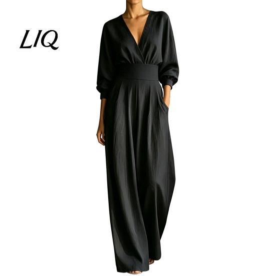 Casual Women Jumpsuit Women's Long Sleeve Jumpsuit, Deep V Neck Loose Wide Leg All Day Comfort Rompers, High Waist Summer One Piece Outfits