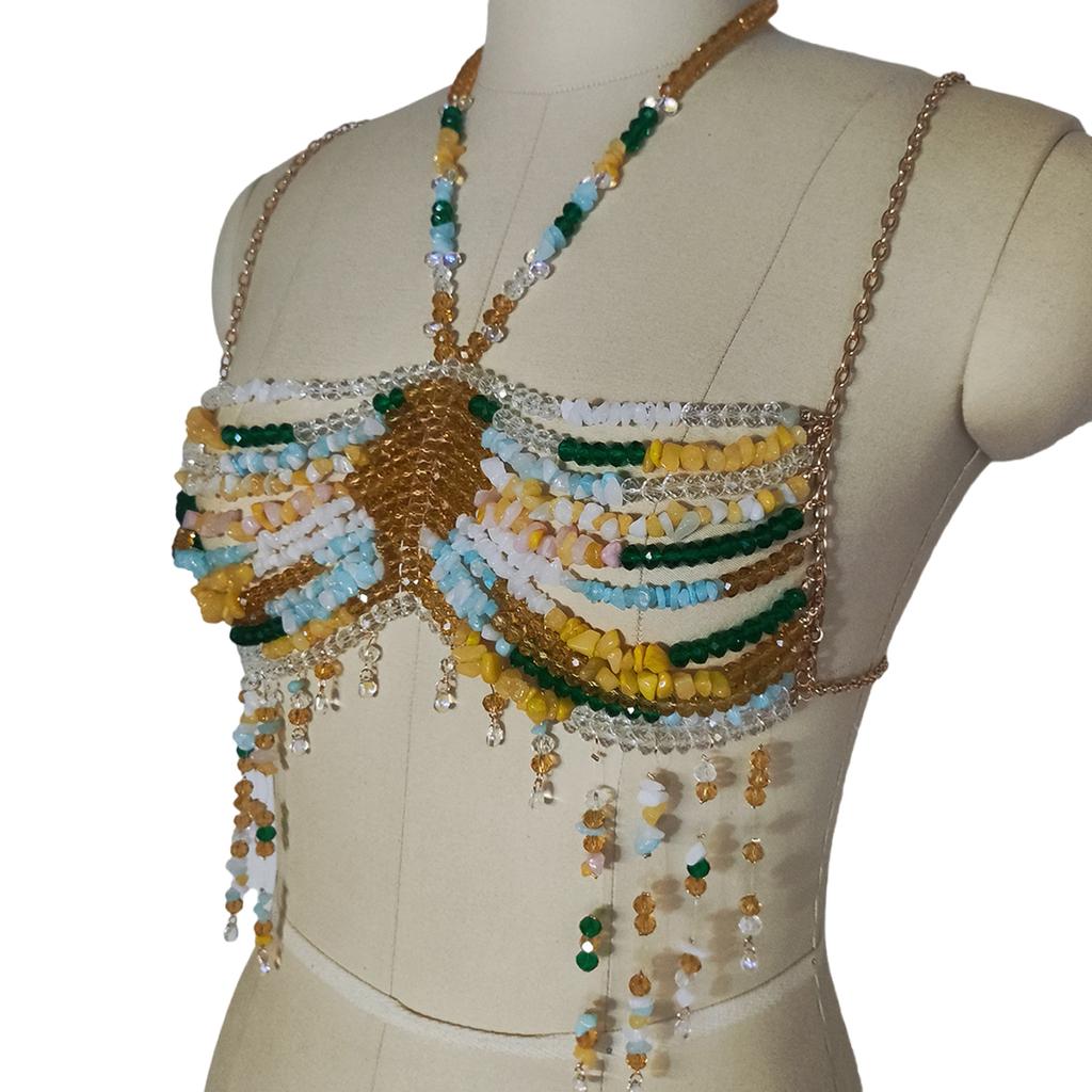 Womens Exotic Colorful Beads Tassels Halter Neck Bra Chain Crop Top Hollowed Body Jewelry Chest Chain for Beach Festival