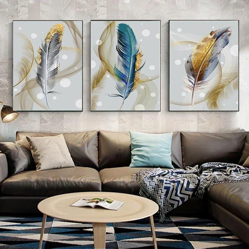 Gold Ribbon Feather Canvas Painting Wall Art Picture Abstract Luxury Poster and Print for Home Decor Interior Living Room Design