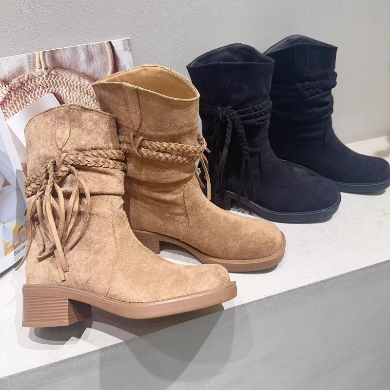 Buty rycerskie z frędzlami Wasteland: Jesień 2025 Botki Kowbojskie z Miękkiego Zamszu na Grubym Obcasie do Połowy Łydki z Wycięciem w Serek