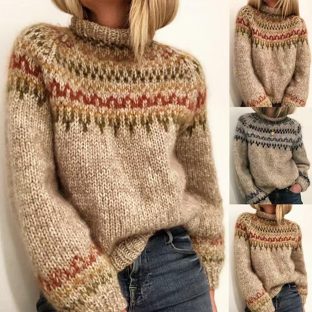 Damen Rollkragen Colorblock Locker Geschnittene Mode Strickwaren Luxuriöses Entspannt sitzendes Schlankmachendes und Vielseitiges Oberteil