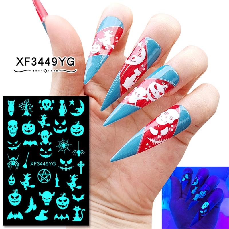 12sheet Luminous Halloween Nail sticker Fluorescent Stickers Glow In The Dark Self Adhesive Halloween Nail Art Stickers