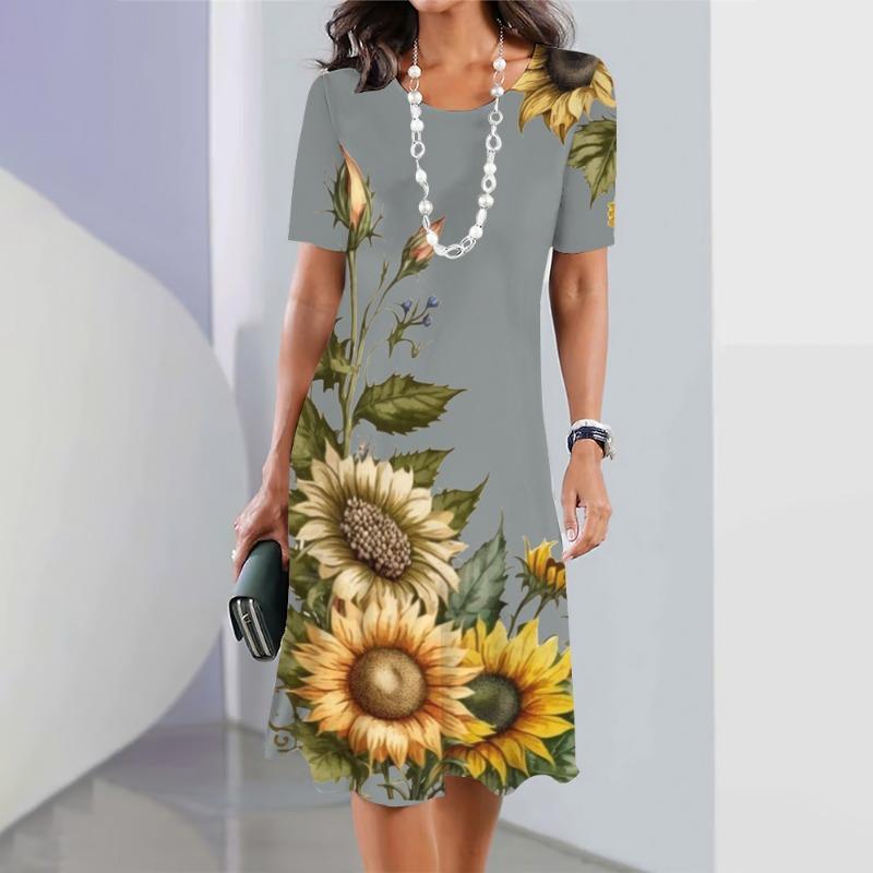 

New Sunflower Print Women s Dresses Female Elegant Midi Dresses Summer Plus Size Short Sleeve Dress Fashion Women s Clothing 8XL