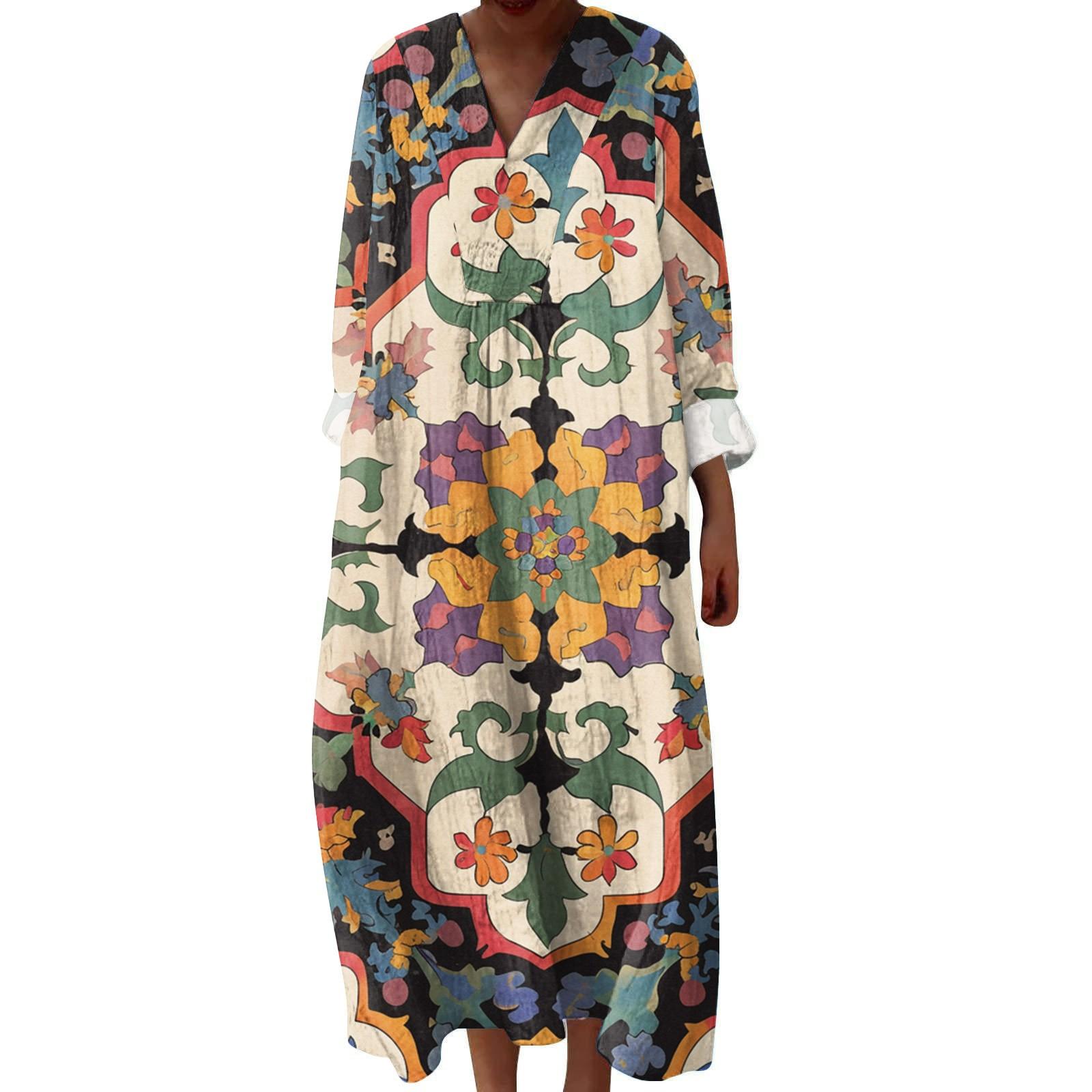 

Женское повседневное и модное платье с V-образным вырезом и цветочным принтом, с длинным рукавом L