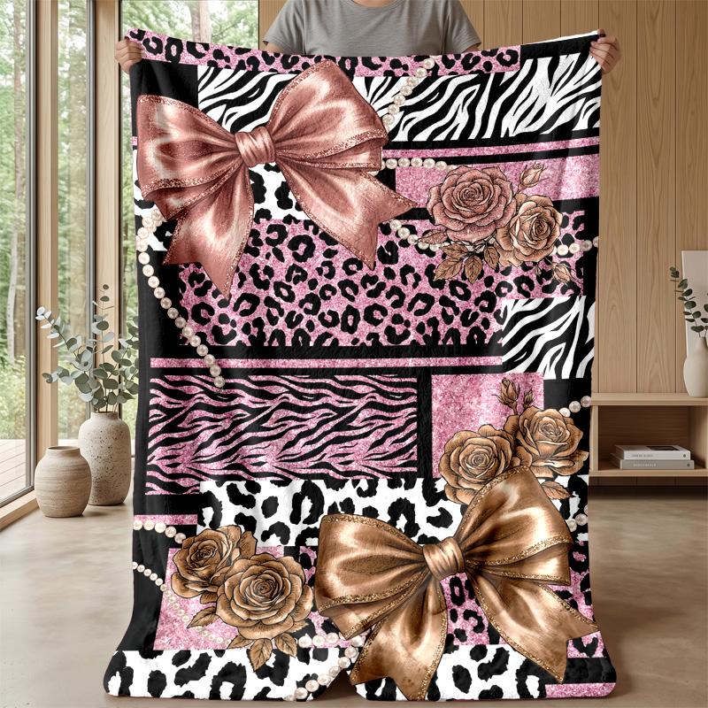 Pink Leopard Roses Bow Theme blanket Lightweight Warm Flannel Blanket Decorative Throw Blanket for Home Decoration