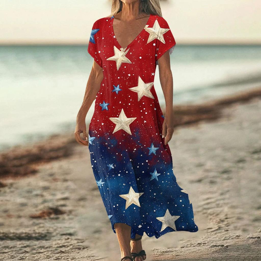 Women’s Maxi Dress V Neck Short Sleeve Loose Fit with Star and Stripe Printed Pattern for Casual Summer Wear