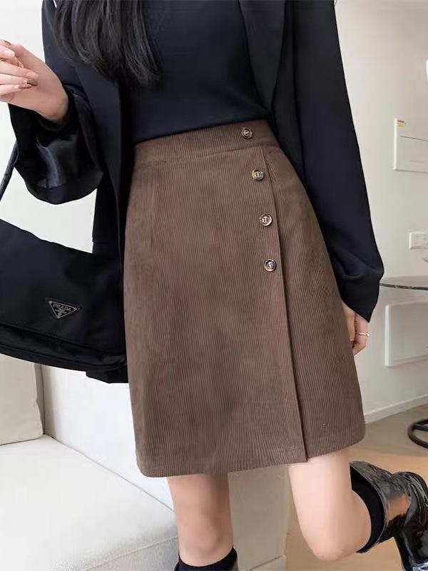 Korean Style Slimming Corduroy A-Line Skirt with Elastic Waist and Single-Breasted Design for Autumn/Winter