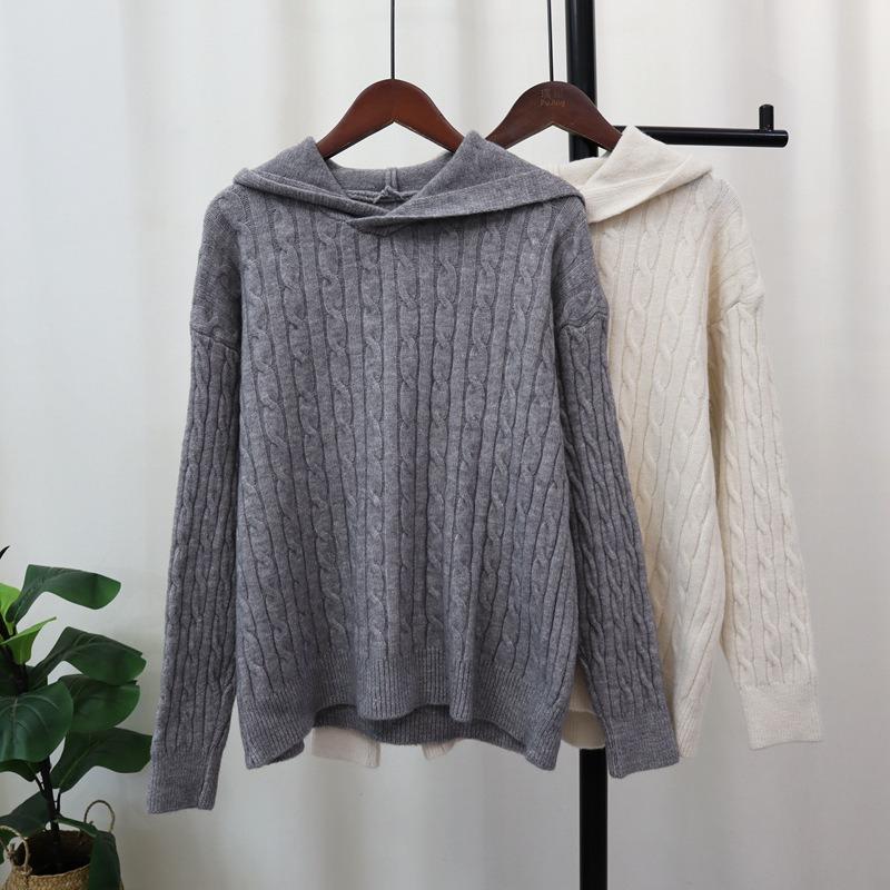 Twist Hooded Sweater Pullover Women's Autumn and Winter New Retro Loose Lazy Soft Waxy Knitted Sweater Top
