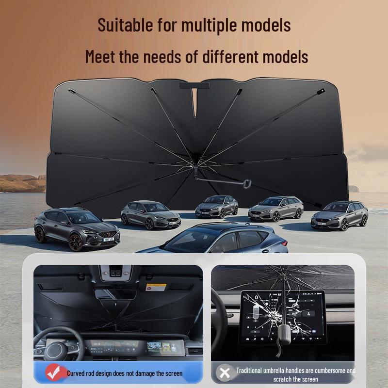V-Shaped Titanium Gold Car Umbrella with Curved Handle for Front Windshield