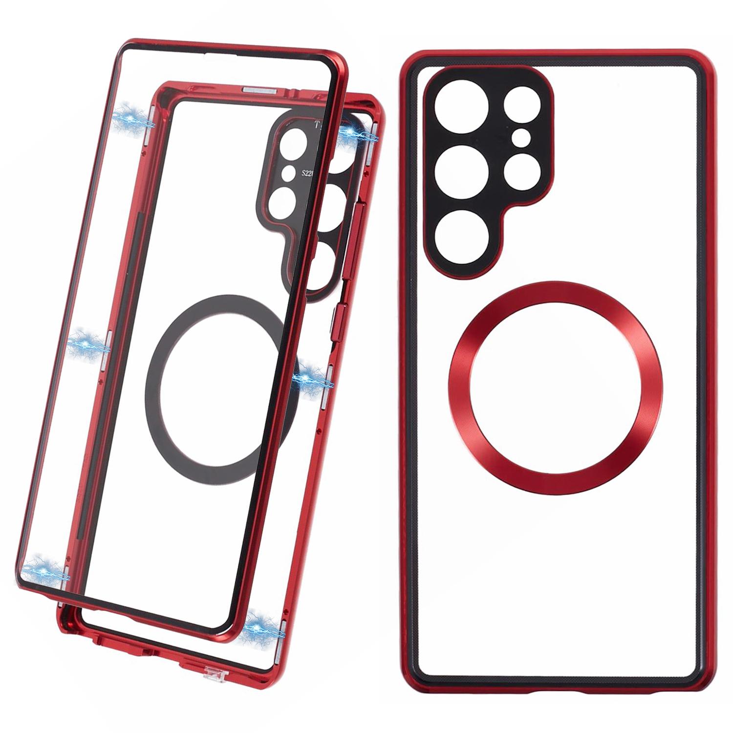 

For Samsung Galaxy S24 Ultra Magnetic Phone Case Dual Side Tempered Glass Electroplating Frame Red