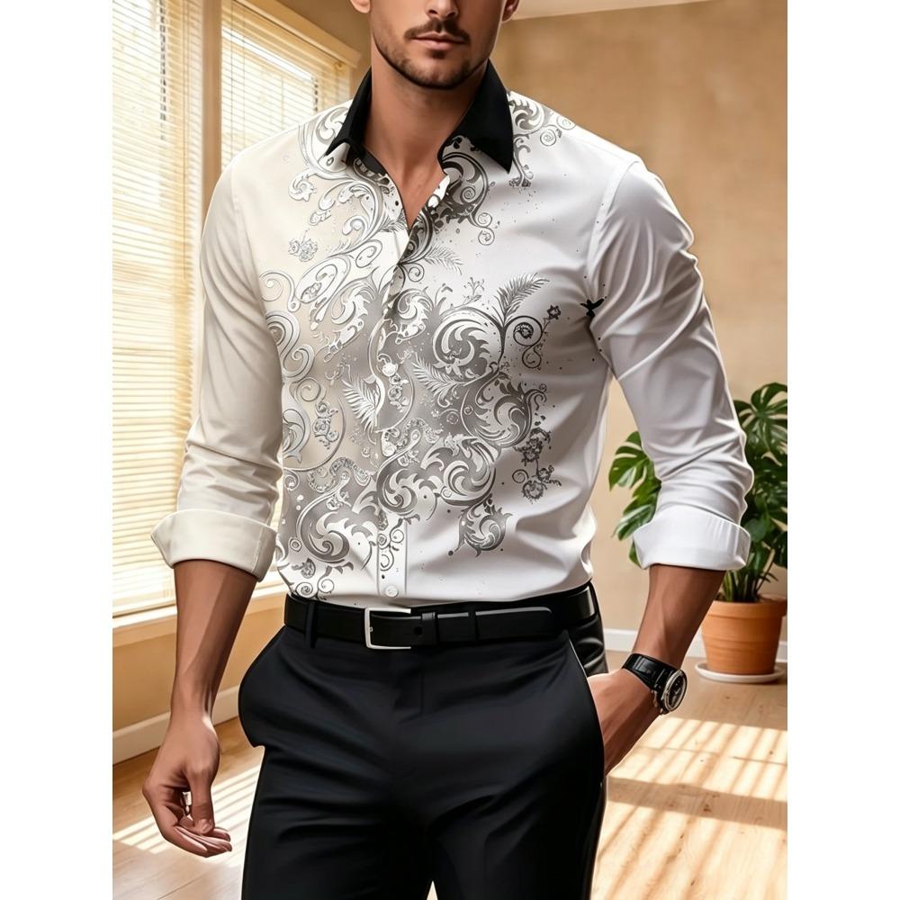 Men's Contrasting Baroque Printed Long Sleeved Shirt, Slim Fit Collar Shirt, European and American Party Trend Men's Top