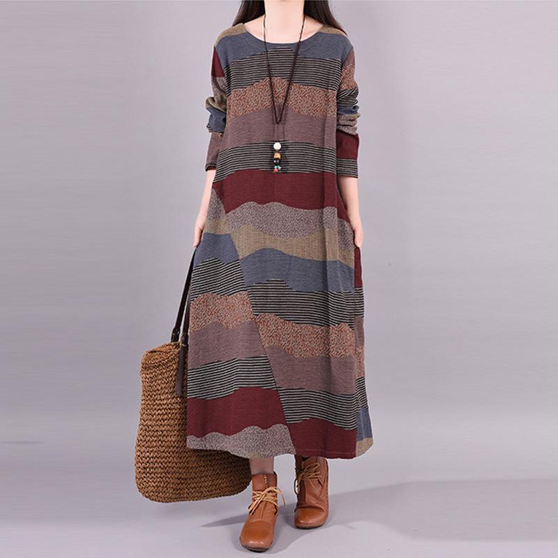 

2025 Retro Artistic Patchwork Stripe Cotton-Linen Midi Dress: Round Neck, Long Sleeve for Women Medium вина червоного кольору