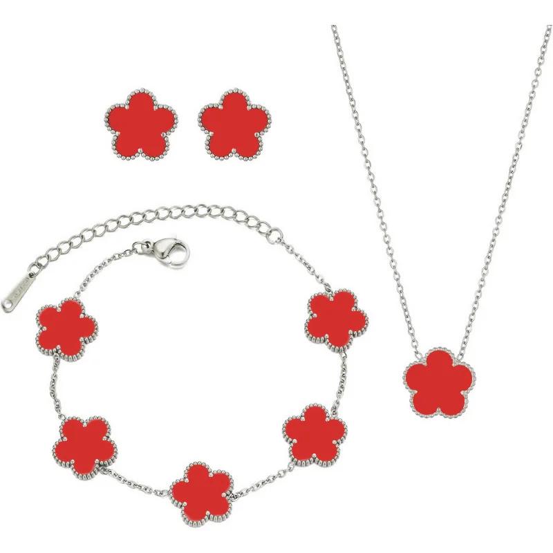 Conjunto de Joias Trevo Cor Prata para Mulheres Aço Inoxidável Hipoalergênico À Prova D'água Brincos Flor Colar Corrente Pulseira Novo