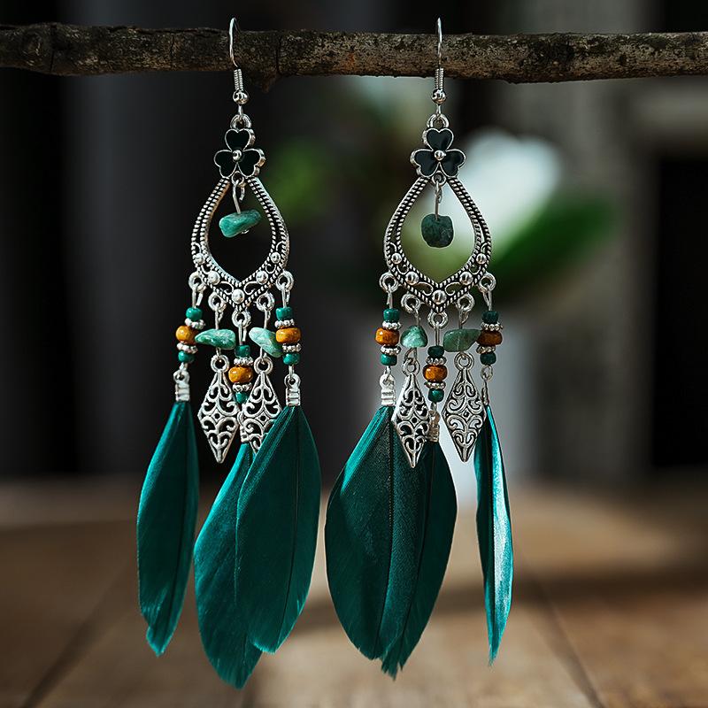 Bohemian Feather Long Drop Dangle Earrings For Women Enamel Heart Flower Irregular Stone Wooden Bead Handmade Earrings Jewelry