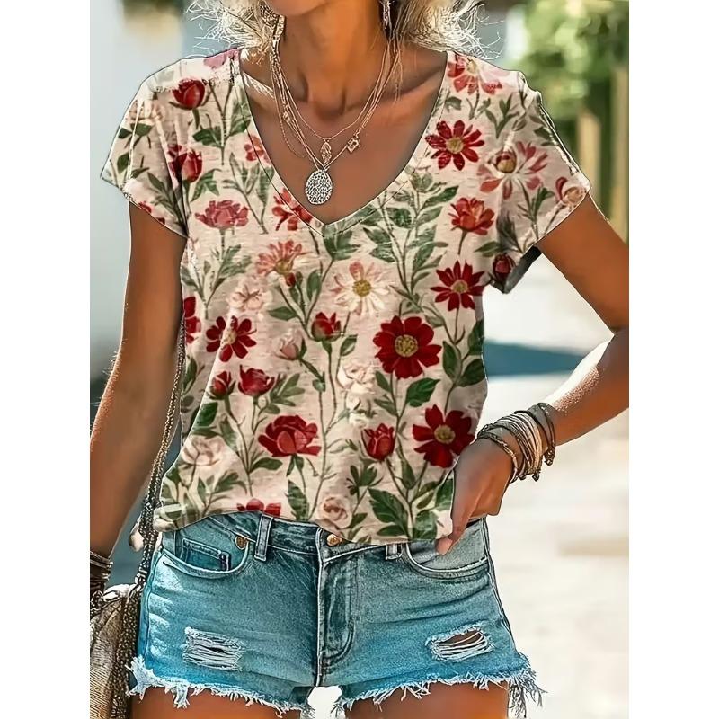 Summer printed women s T-shirt, outdoor daily casual fashionable retro clothing S