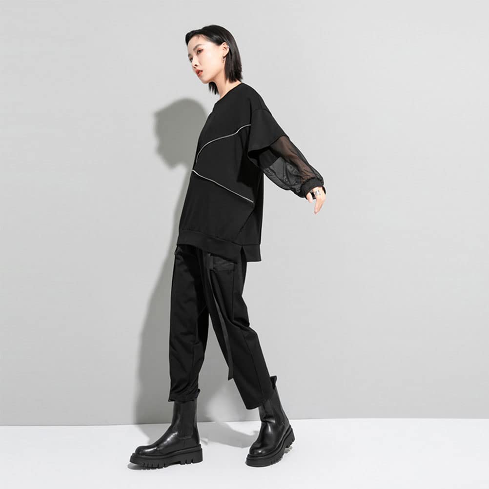 Morino Loose Fit with Tulle Striped Stylish Unique Long Women's T-Shirt Sleeves, Pattern, Streetwear, Style, Black, Spring/Summer (Black - Sleeve)