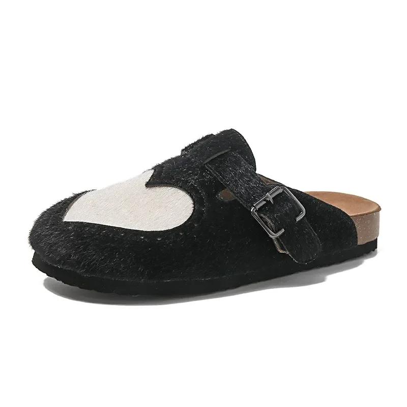 Fashion Cow Print Hairy Mule Clogs Woman Brogue Heart Design Slide Sandals Ladies Fashion Brand Thick Footbed Slipper Shoes Plus Size