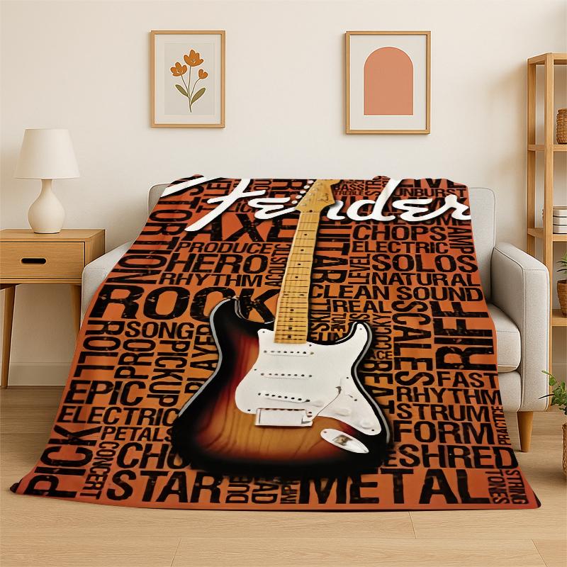 Retro Fender Logo Guitar Instruments Music Flannel Blanket Soft Warm Throw Blanket for Bedroom Living Room Bed Travel Picnic 75x90cm