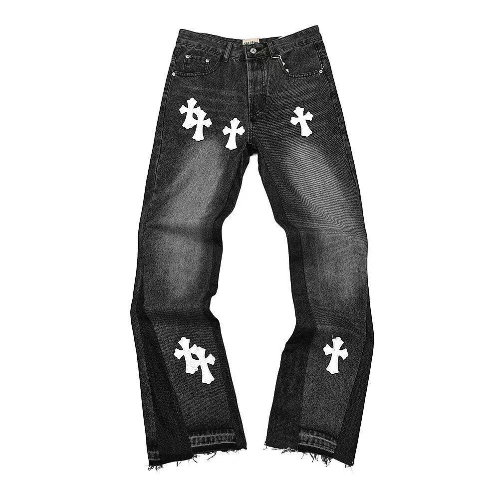 

FlowStreet Fashion 3D Chain Printed Contrast Color Jeans Niche Design High Waist Casual Denim Pants S