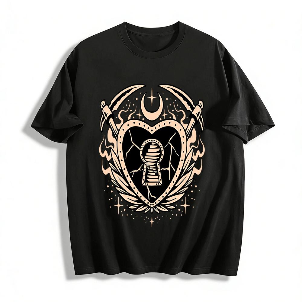 Dark Style Cracked Heart Lock Scythe Print Top Pure cotton T-shirt XXS