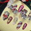 Christmas Press-On Nails With 3D Cane Sweet Floral Design Acrylic Almond Shape Women