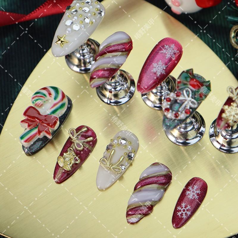 Christmas Press-On Nails With 3D Cane Sweet Floral Design Acrylic Almond Shape Women