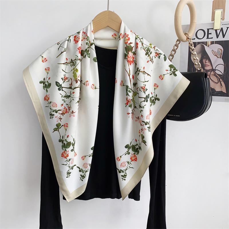 Spain Fashion Million Floral Square Silk Scarf Ladies High Quality Print Soft Shawls and Wraps Bufanda Muslim Hijab 90*90Cm