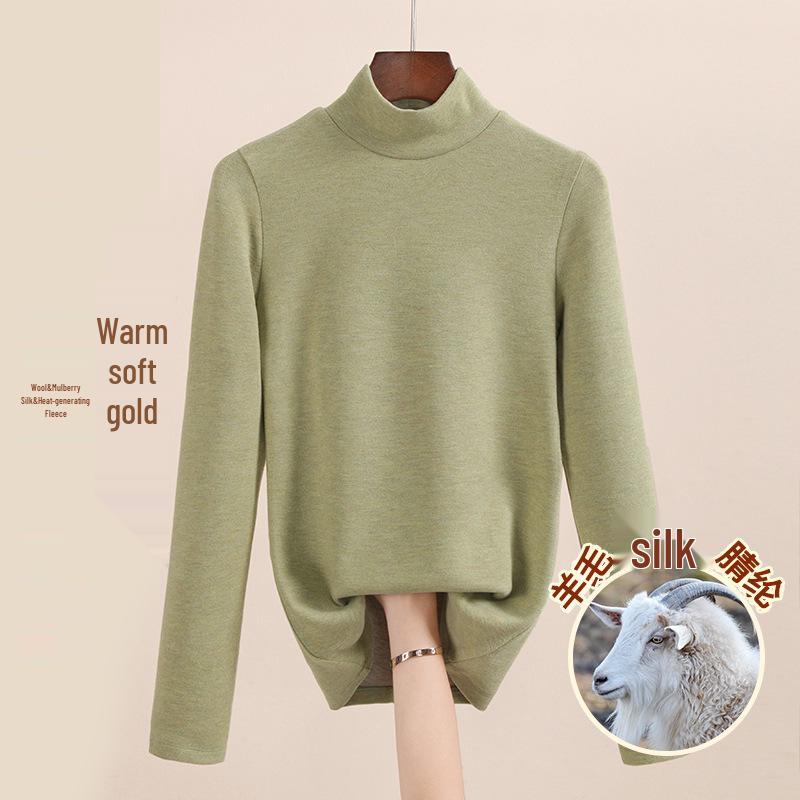 Women's Mulberry Silk Wool Fleece-Lined Warm Base Layer, Mid-High Neck, Autumn/Winter 2025 Collection