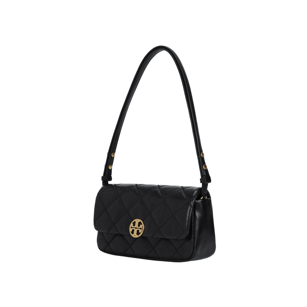 Tory Burch Metal Micro Logo Diamond Pattern Lambskin Shoulder Bag Women Bags Black 158137-001