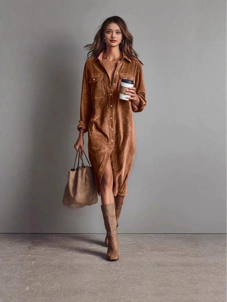 Corduroy Long-Sleeve Dress: Europe & America Fashion Trend Loose Lapel Shirt Skirt