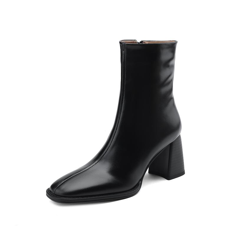 Fashion 2024 Autumn/Winter Women Boots Square Toe High Heel Shoes for Women Leather Boots Women Handemade Shoes Mid-calf Ladies Shoes