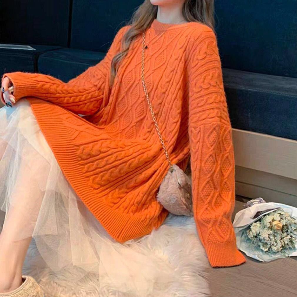 Wear a twist pink sweater for women's lazy style autumn and winter new soft waxy loose crew neck sweater for women's high sense