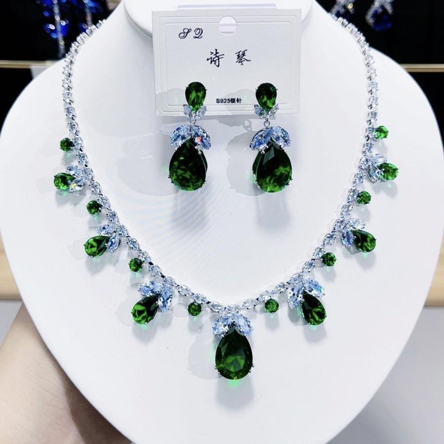 Luxury Waterdrop Pendant Jewelry Set Earring Pink Necklace For Women Bridal Wedding Exquisite Fashion Zircon Party Banquet Gift