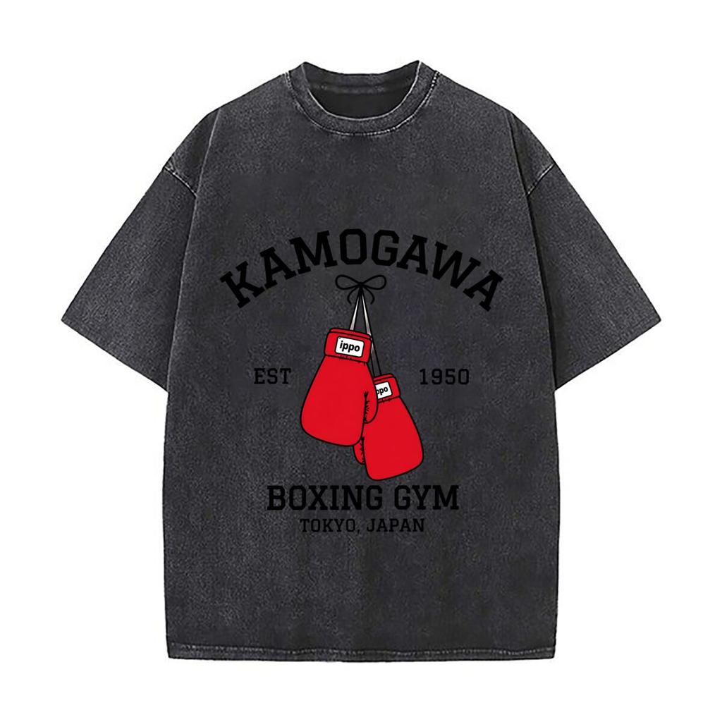 Kamogawa Boxing Gym Est 1950 Tokyo Japan Red Boxing Gloves Graphic Washed Short Sleeve Loose Streetwear Tee Hip Hop