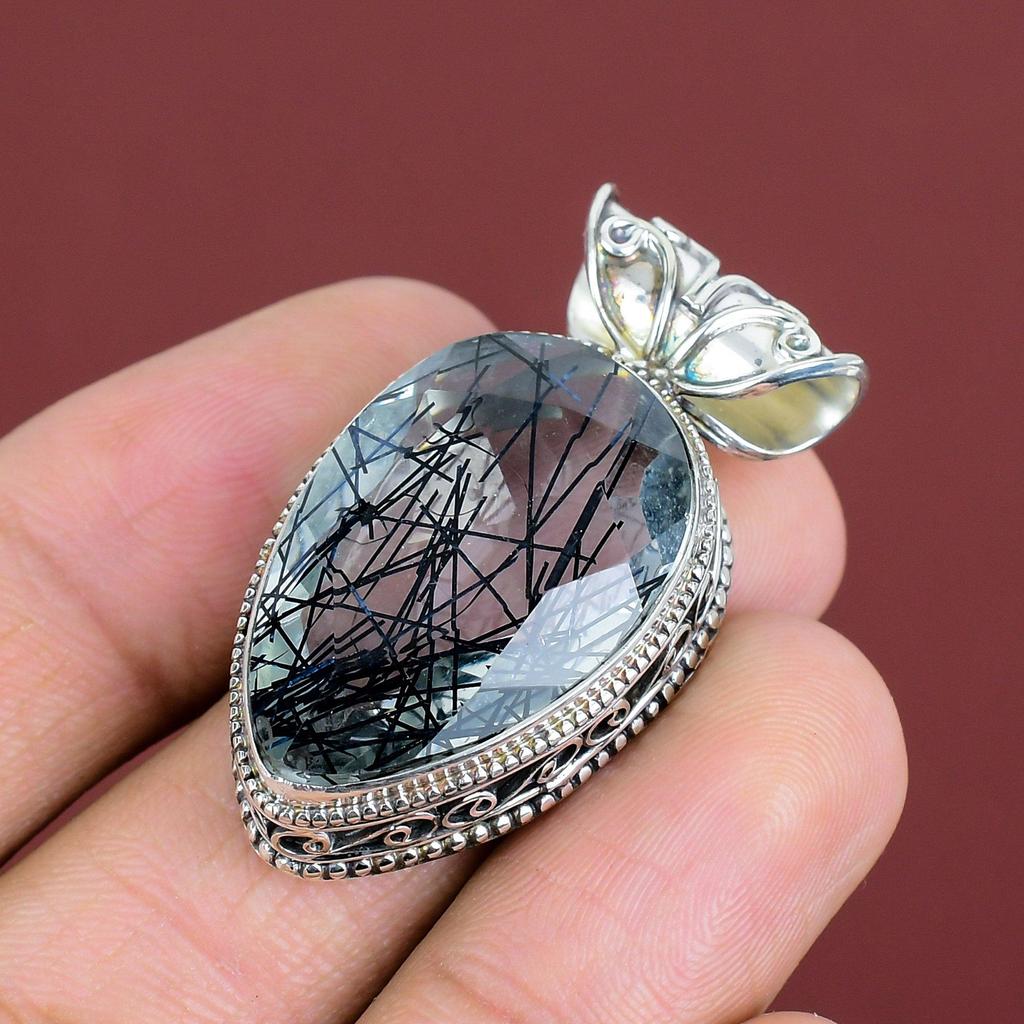 Faceted Black Rutile Pendant 925 Sterling Silver Pendant Handmade Jewelry Natural Gemstone Pendant Very Pretty Vintage Pendant Wedding Gifts