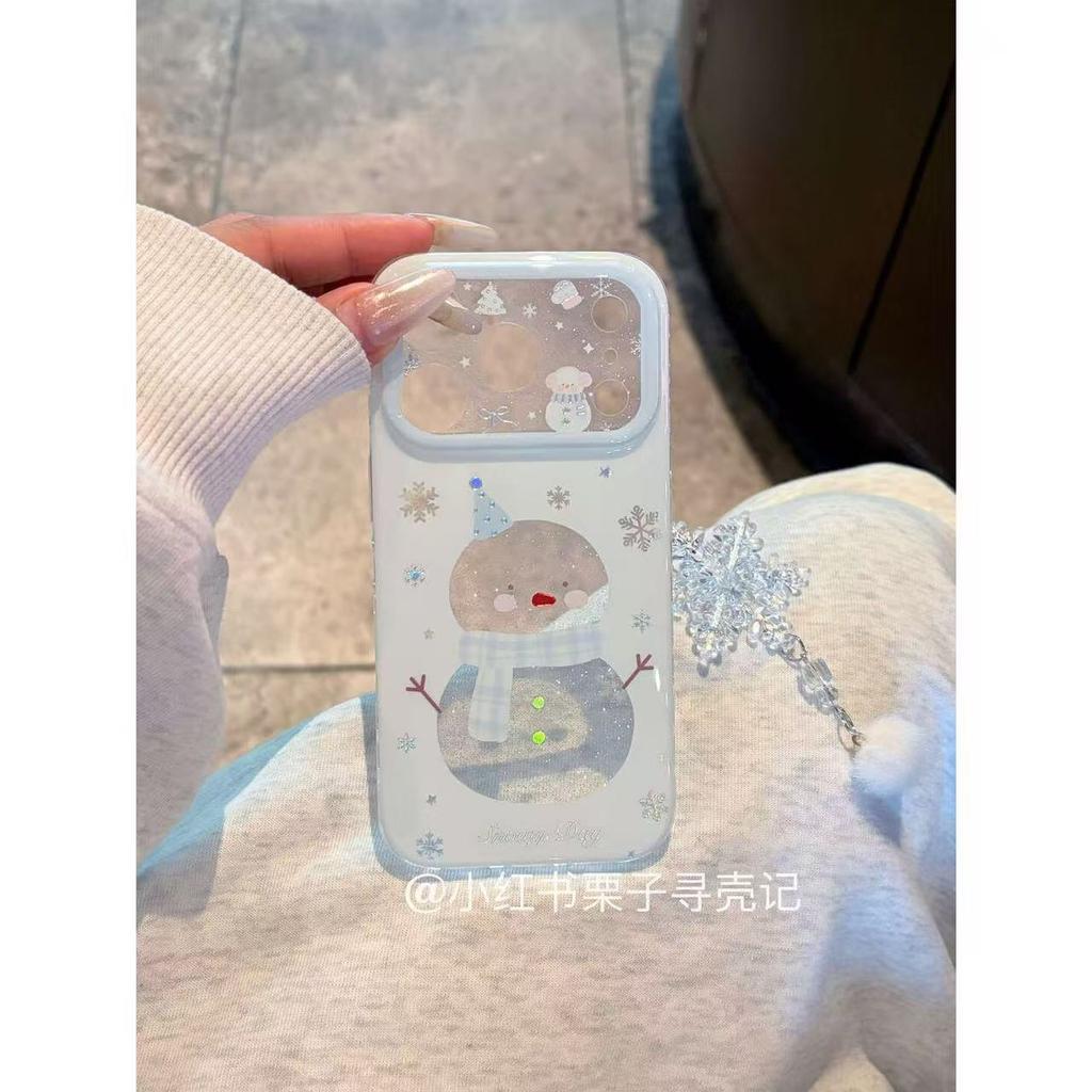 Ins Cute Double Glitter Hollow Snowman Suitable for iPhone15promax Mobile Phone Case 16/17promax Case