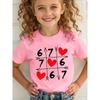 European Sizes Valentine'S Day Summer Fashion Short-Sleeve T-Shirt for Girls Aged 6-7, Featuring Heart And Checkered Cartoon Print