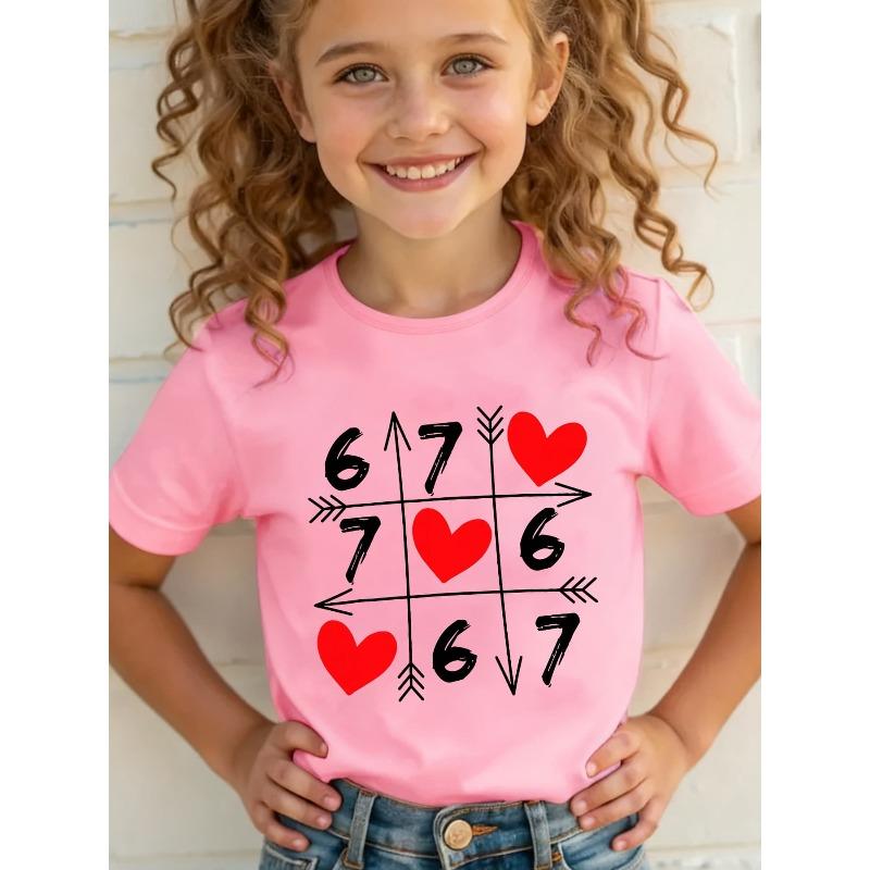 European Sizes Valentine'S Day Summer Fashion Short-Sleeve T-Shirt for Girls Aged 6-7, Featuring Heart And Checkered Cartoon Print