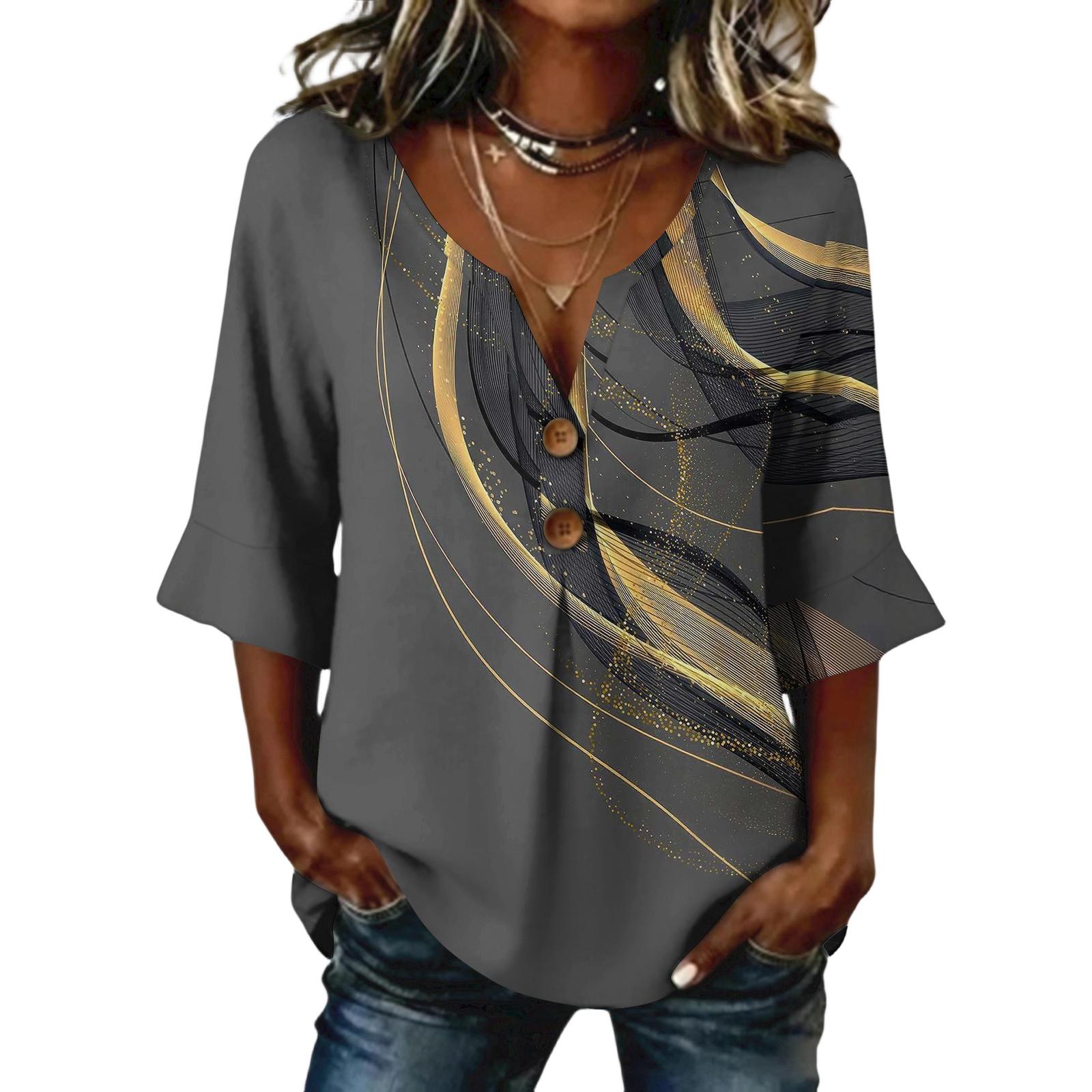 Ladies  floral print button casual V-neck fashionable seven quarter sleeve top XL