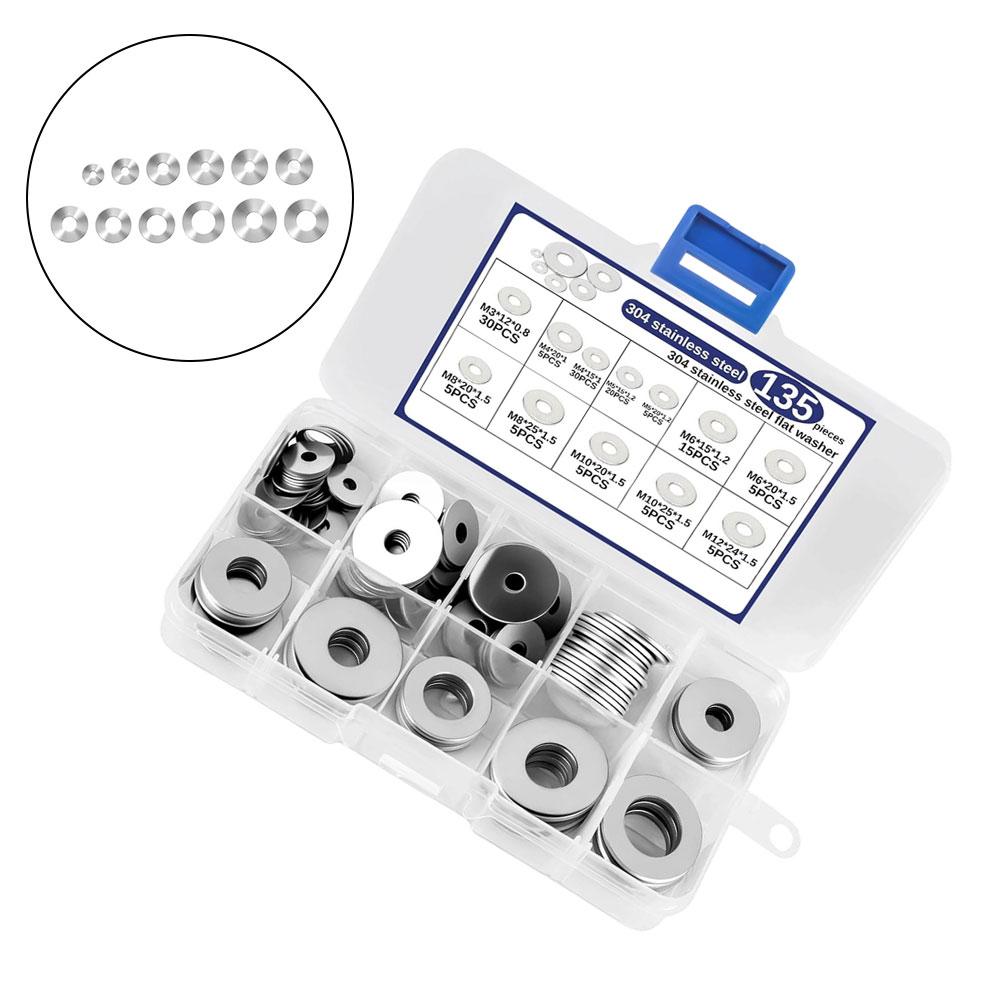 Metal Washers 135 Pieces 304 Stainless Steel 12 Sizes to for Enhanced Stability and Vibration Resistance in Assembly Work